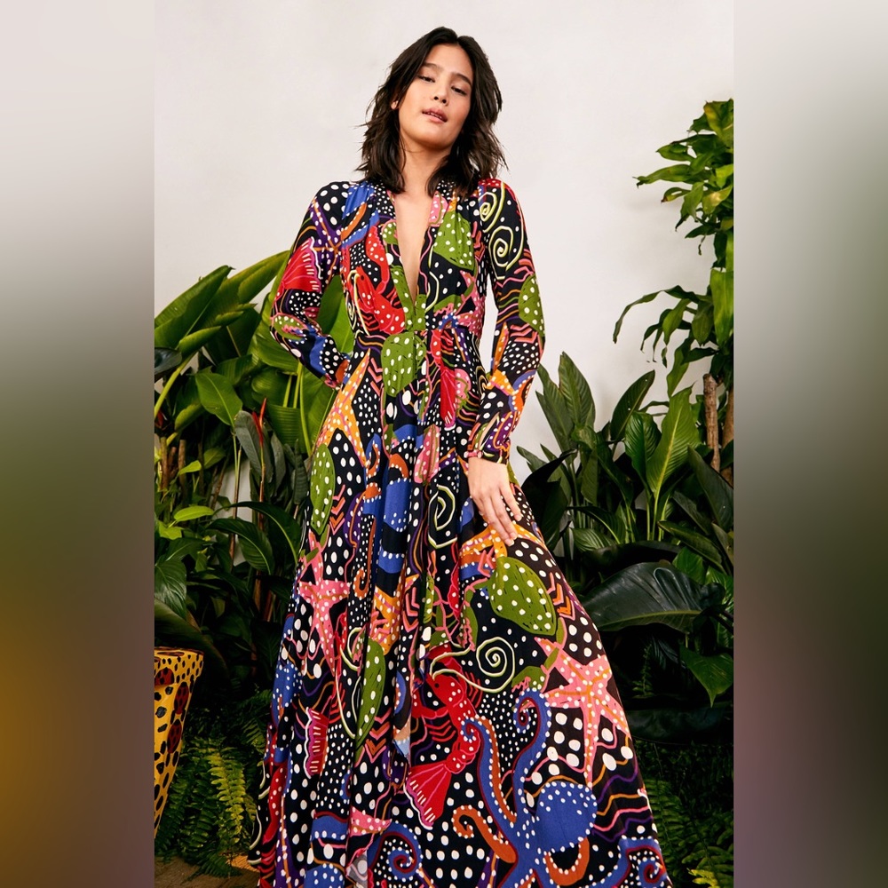 Farm Rio Under The Sea Maxi Dress MEDIUM Seashell Print